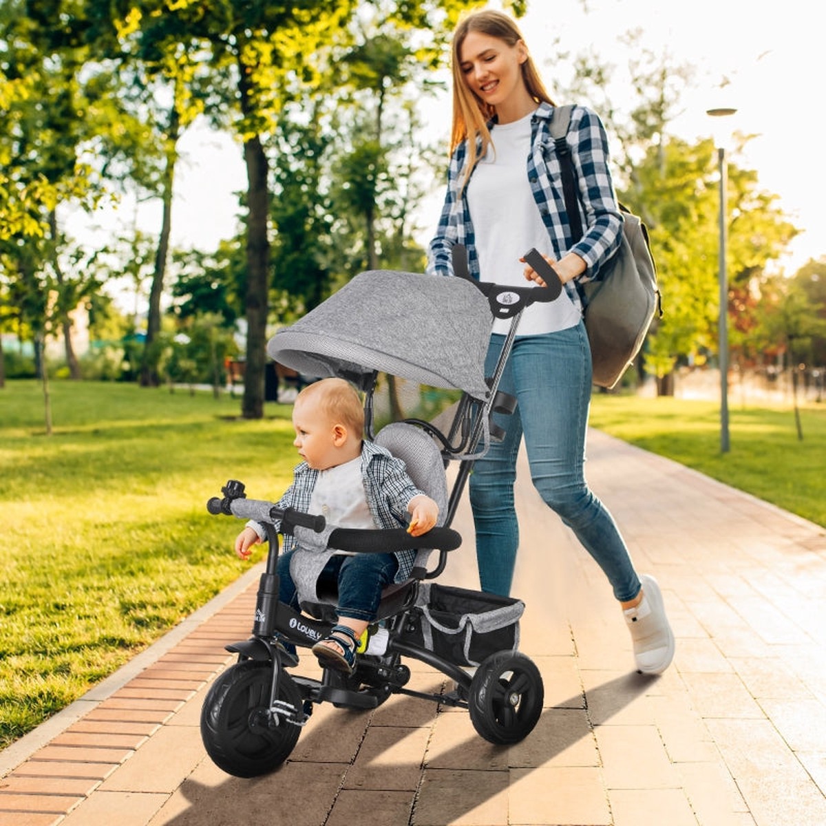 6-in-1 Children's Tricycle with Push Bar, Canopy and Storage Basket, Grey