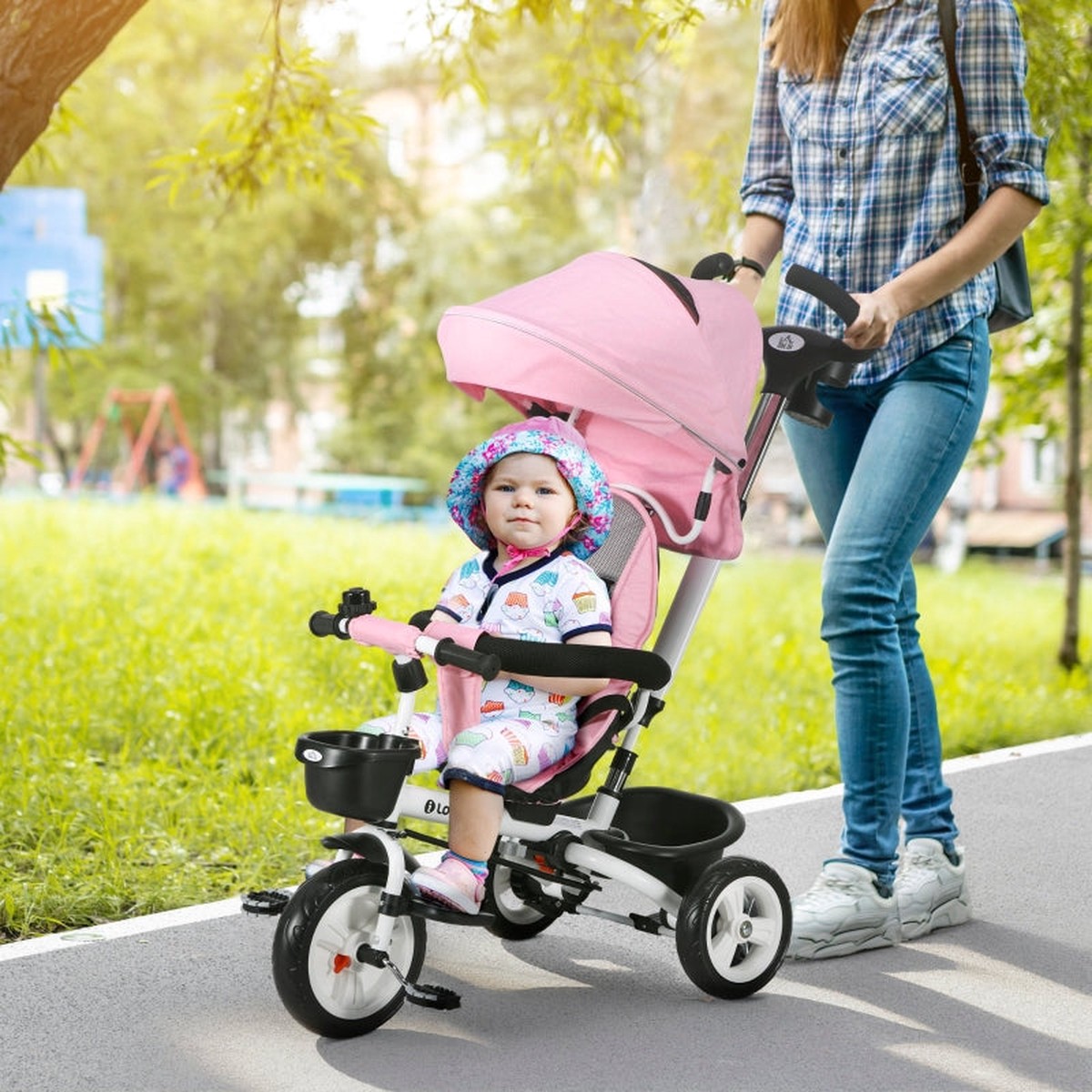 6-in-1 Children's Tricycle with Push Bar, Canopy and Storage Basket, Pink