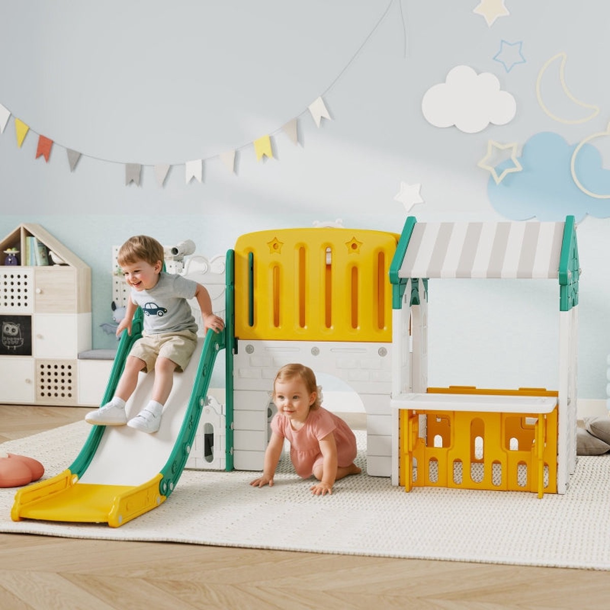 7-in-1 Children's Slide Indoor Playground with Climbing Frame and Playhouse, Yellow and Green Plastic