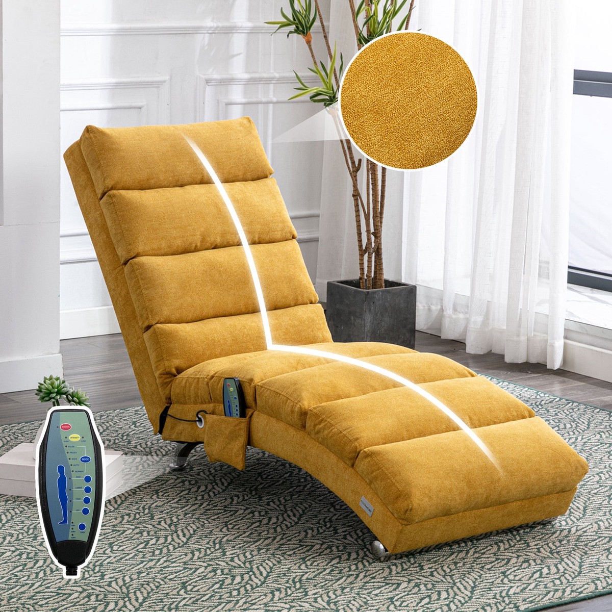 GOMYWAY Chaise Lounge Fixed Recliner Sofa with Vibration and Side Pocket, Linen