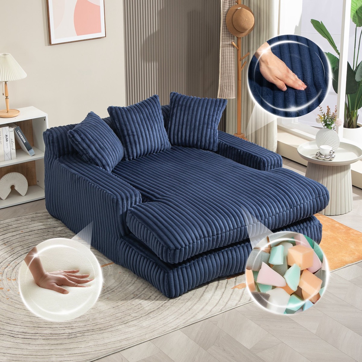 GOMYWAY Oversized Chaise Lounge Sofa Sleeper Chair with 3 Throw Pillows, Navy