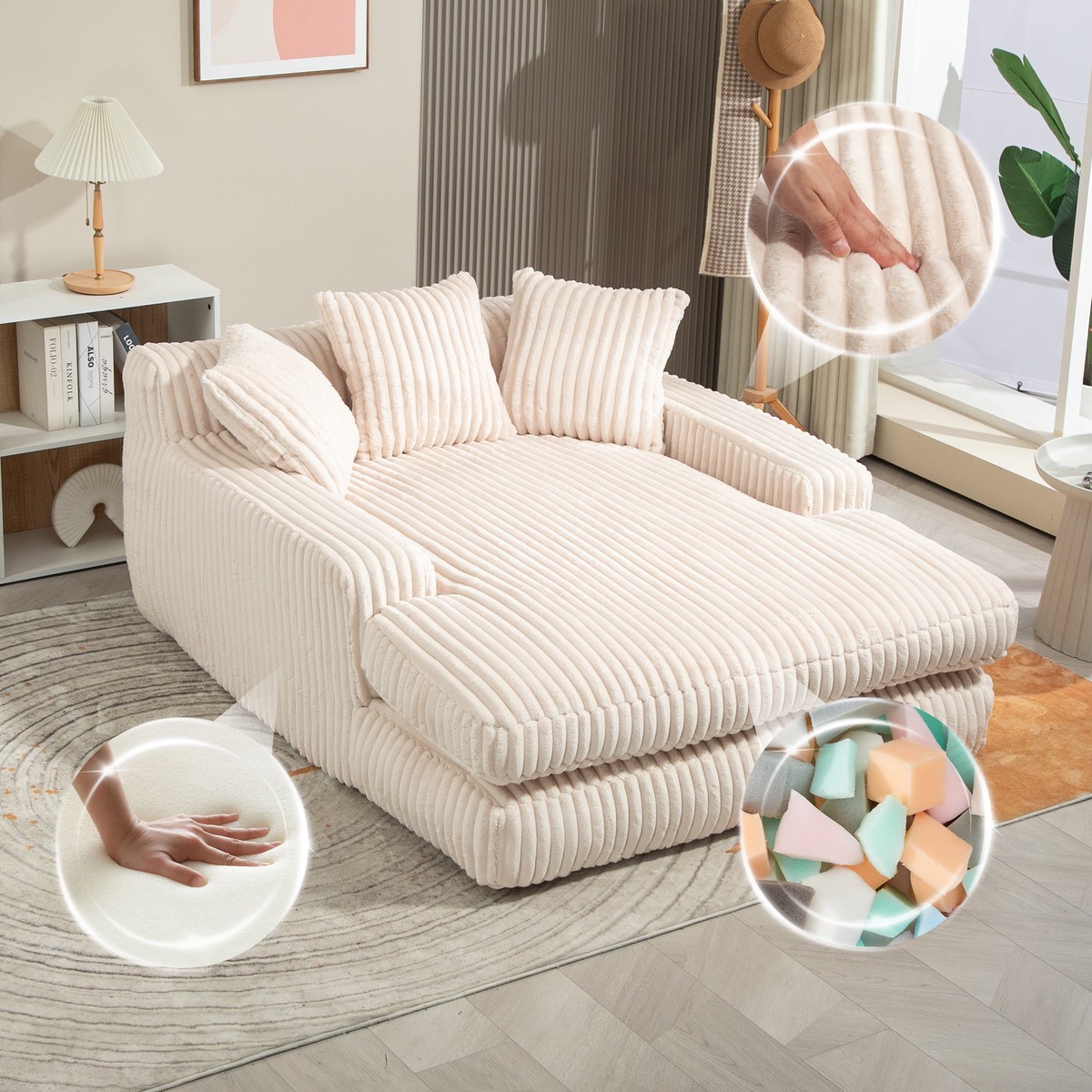 GOMYWAY Oversized Chaise Lounge Sofa Upholstered with 3 Throw Pillows, Beige