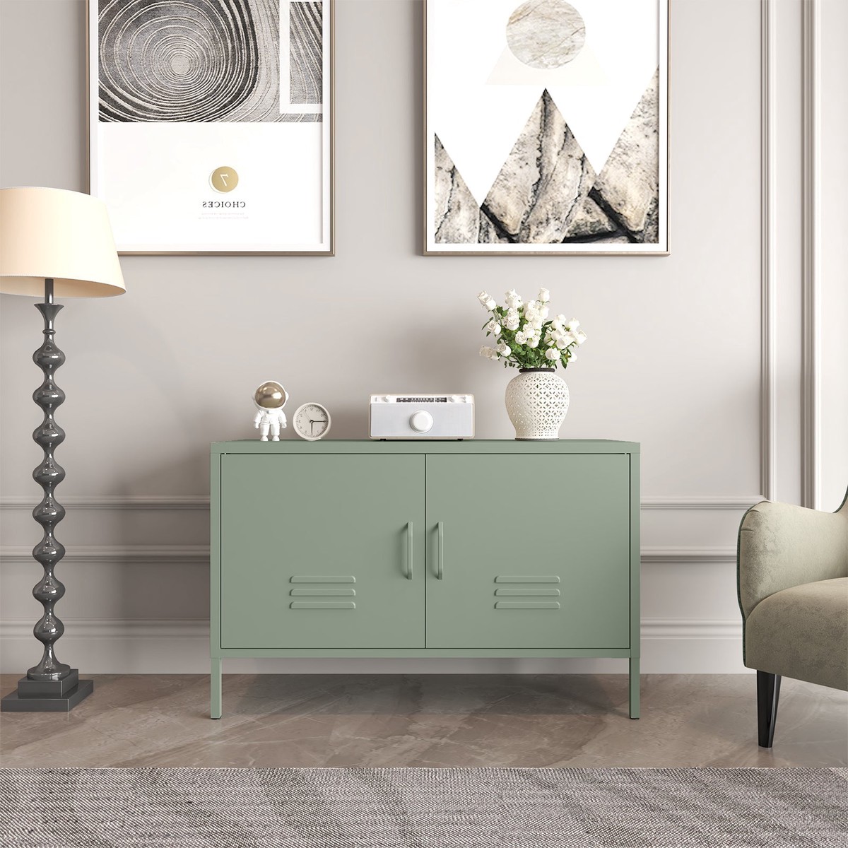 Metal Storage Cabinet with Adjustable Dividers and Cable Management, Green