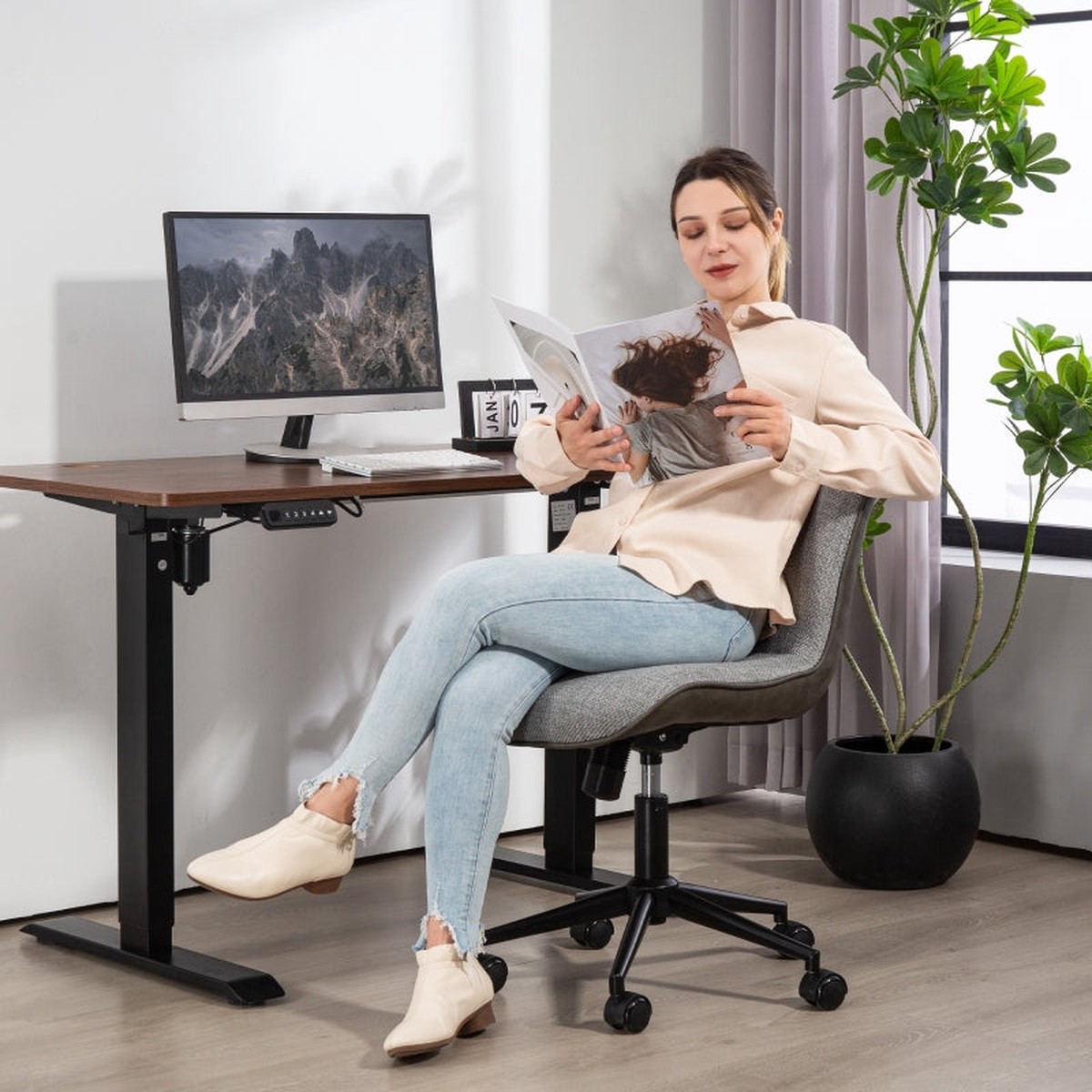 office Chair, Adjustable Swivel with Tilt, Dark Grey Linen