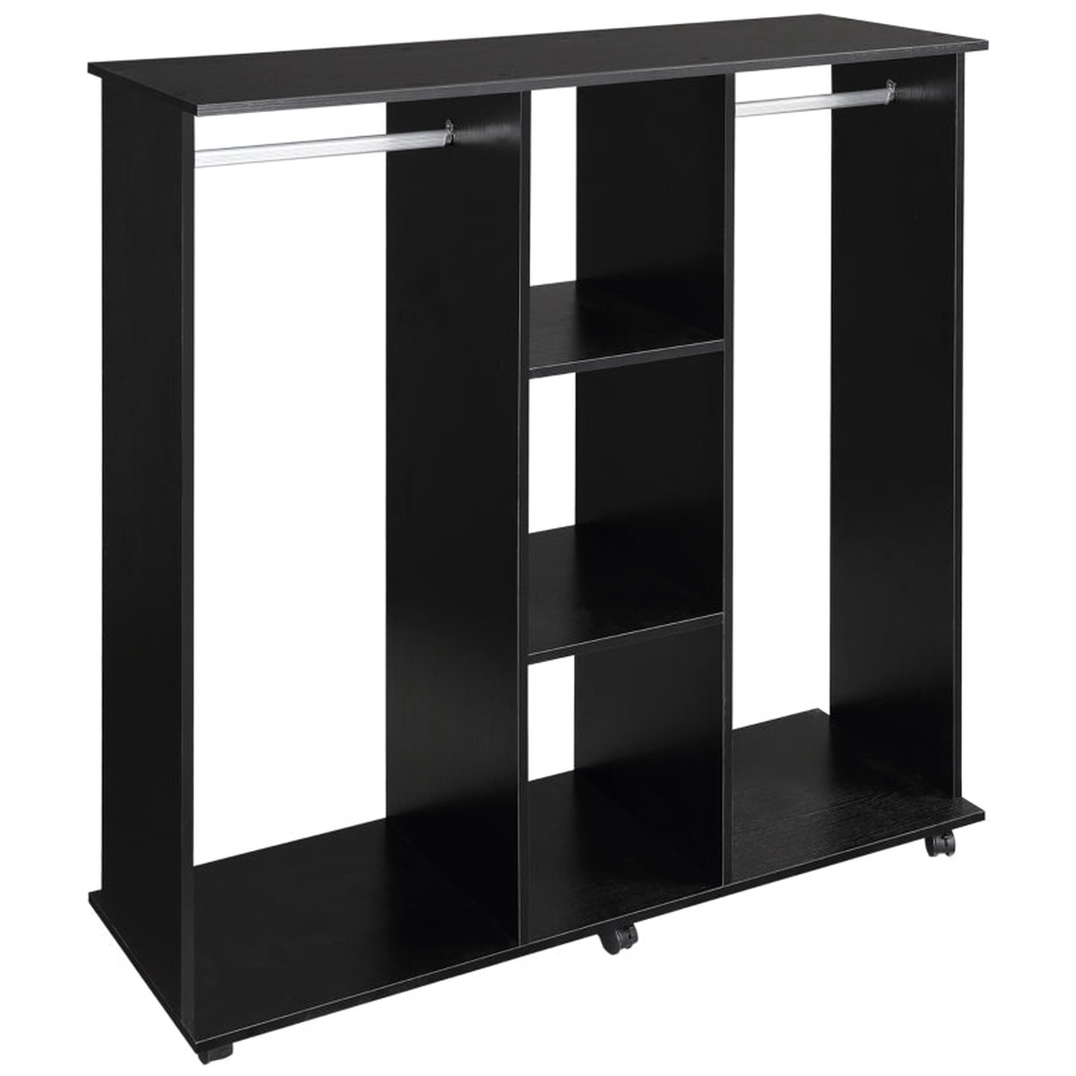 Open Wardrobe Double Mobile Storage Shelves Organizer W/6 Wheels, Black