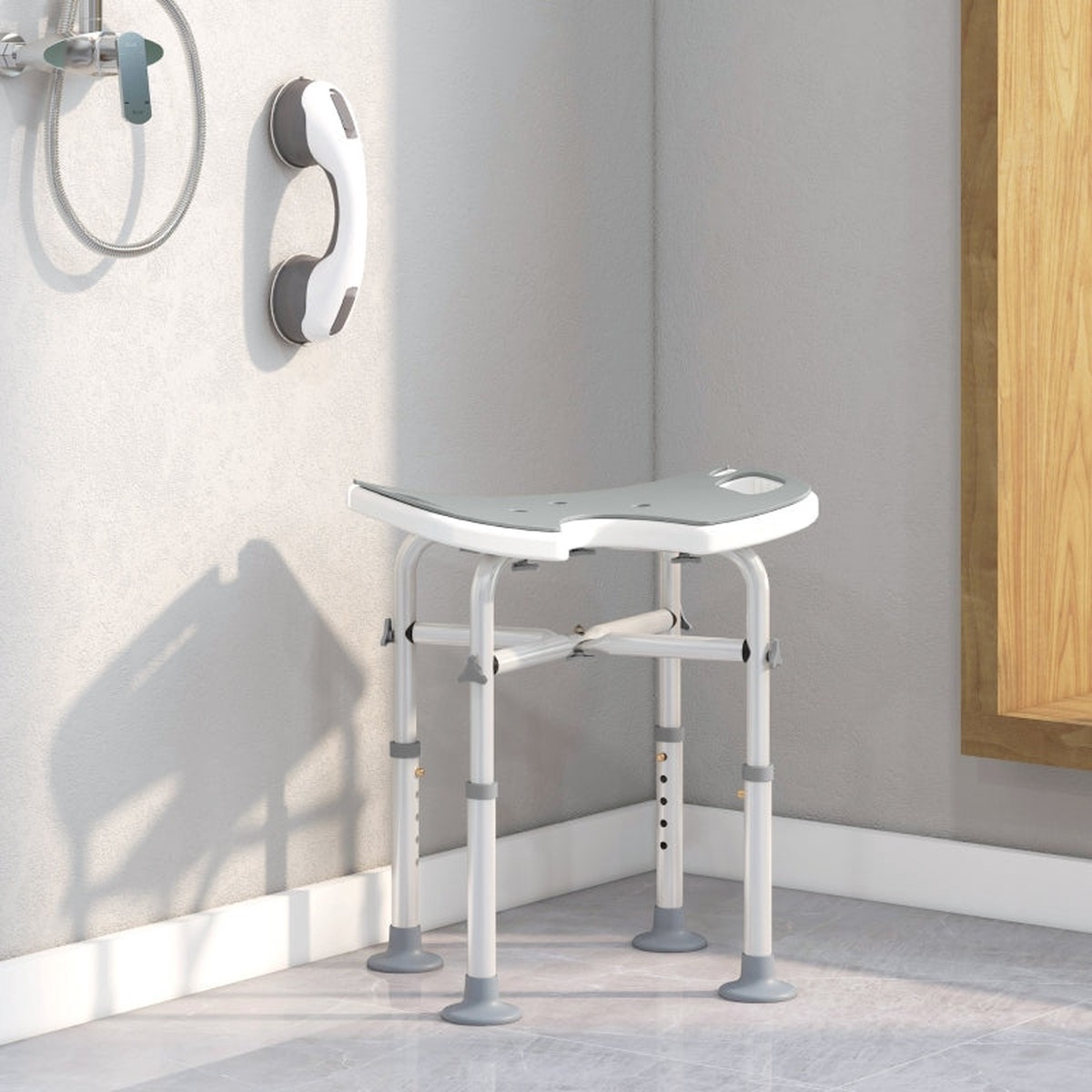 Shower Stool Adjustable Height U-Shaped Padded Seat Grey