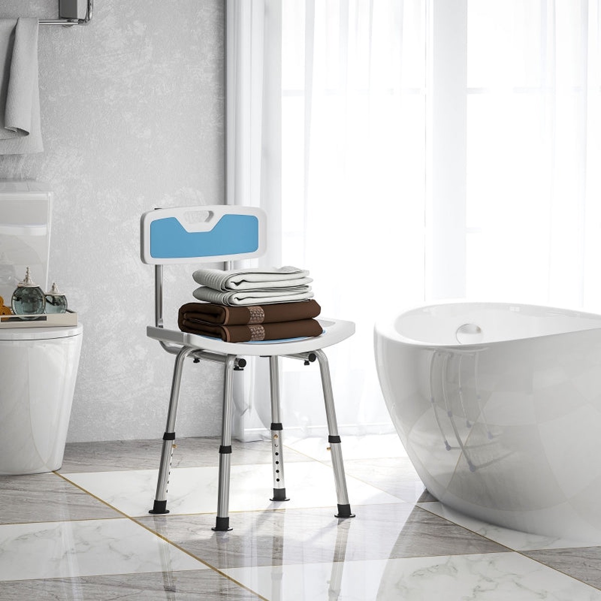 Shower Stool with Backrest, Height Adjustable, Anti-slip, Light Blue