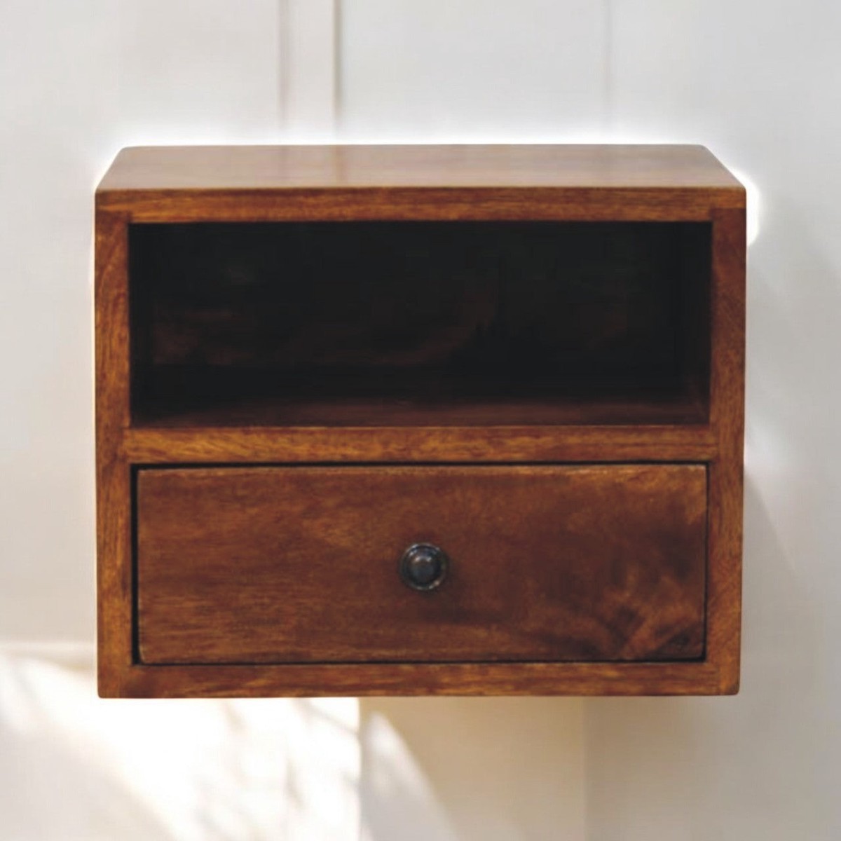 Solis Wall Mounted Nightstand, 1-Drawer, Chestnut Wood