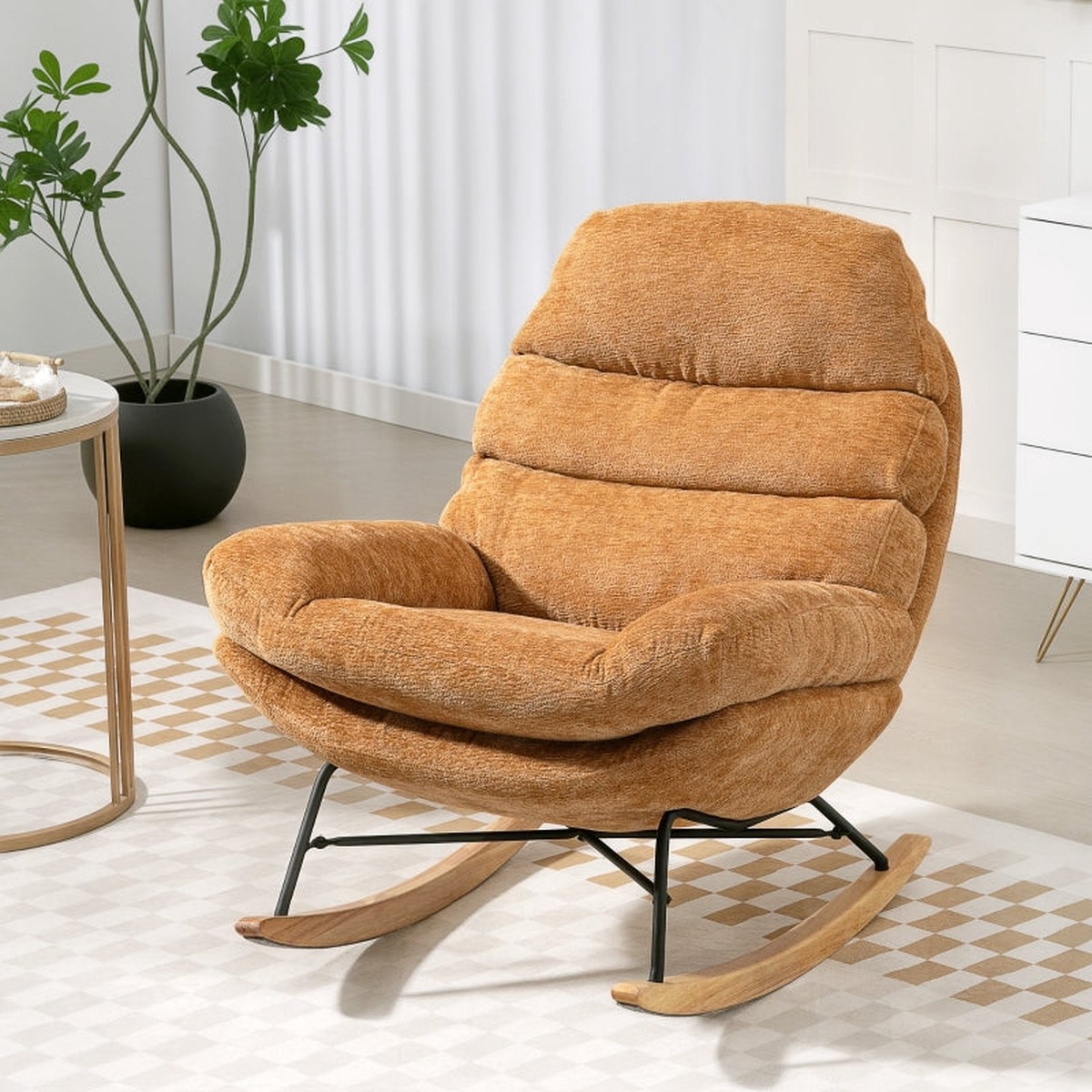 Upholstered Rocking Chair with Steel Legs & Wooden Runners, Yellow