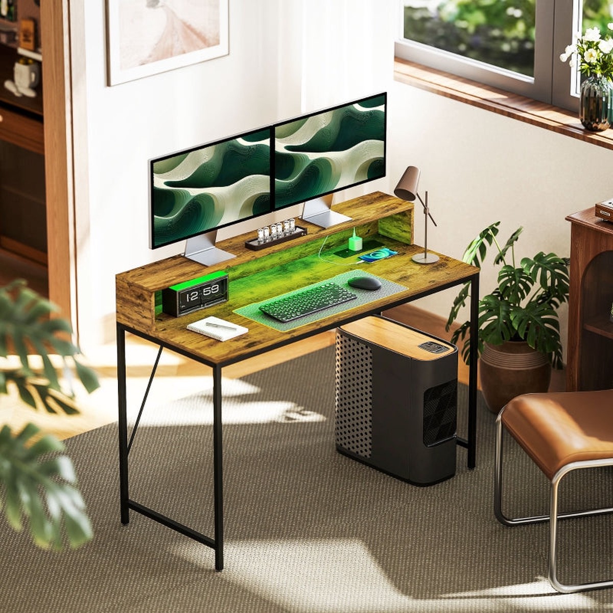 120cm Computer Desk Gaming Table LED Lights Power Outlets Monitor Stand, Rustic Brown