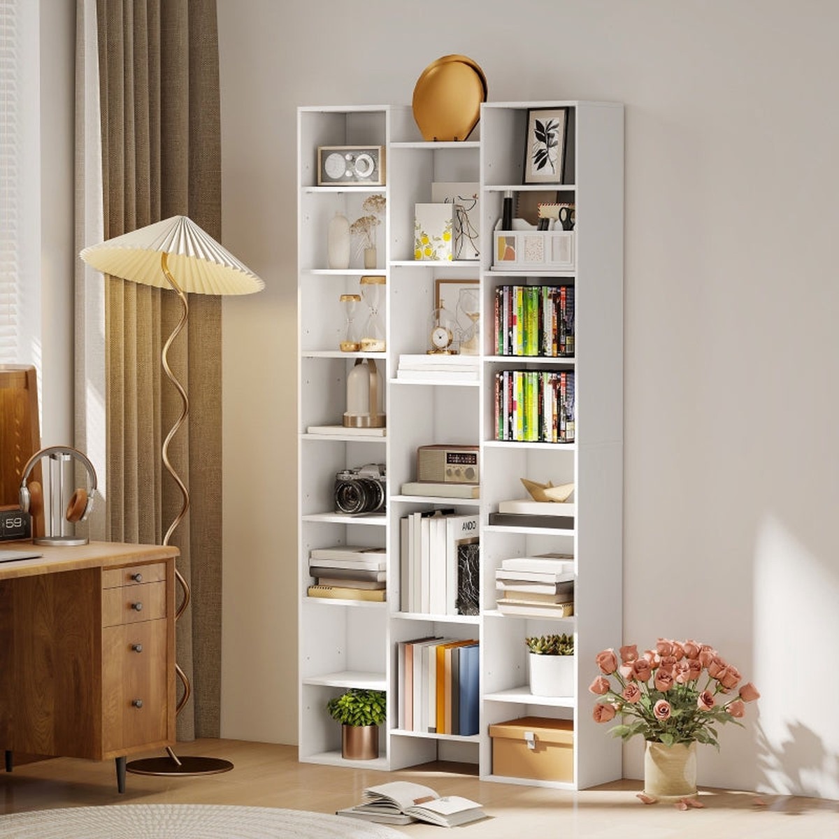 21-Compartment Bookshelf with Adjustable Shelves - White