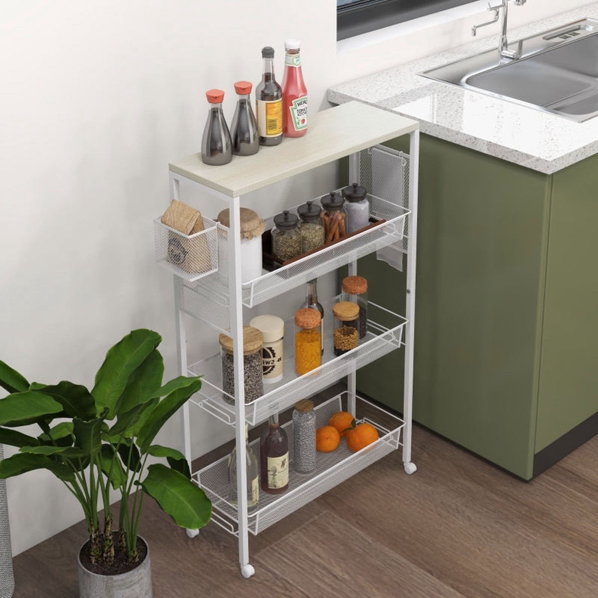 3-Tier Kitchen Cart with 3 Steel Wire Baskets, White