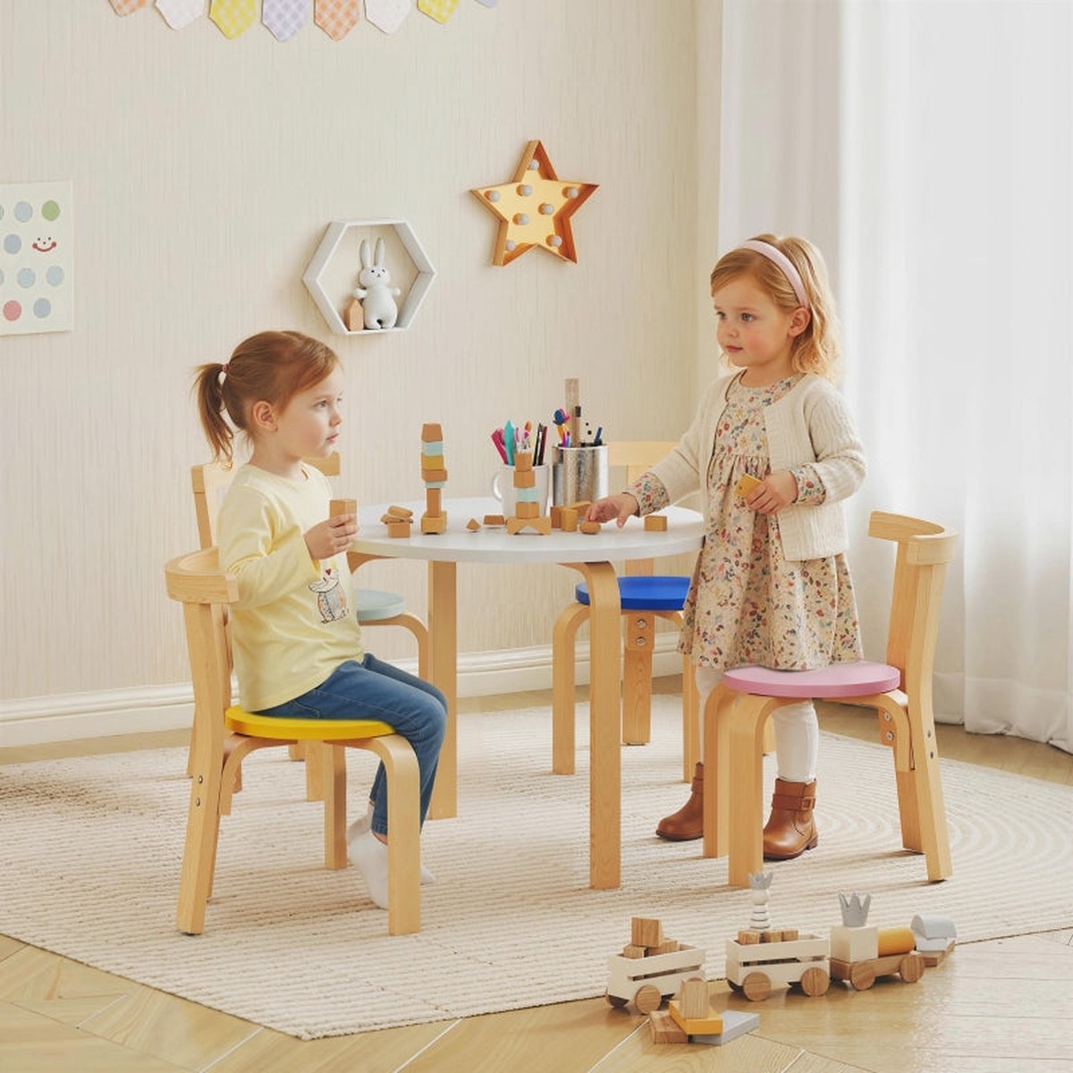 5 Piece Kids Table and Chairs Set, Toddler Table Set 3-8 Years, Wooden