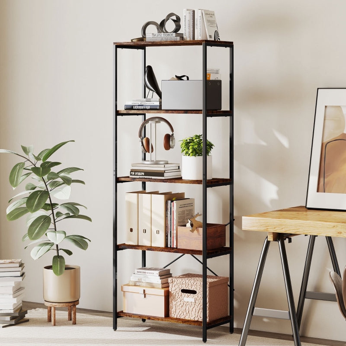 5-Tier Bookshelf Industrial Metal Frame Bookcase Rustic Brown and Black