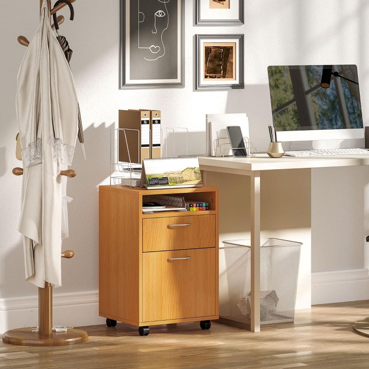 60cm Filing Cabinet with Drawer, Open Shelf, Mobile Printer Organiser, Natural Wood Finish