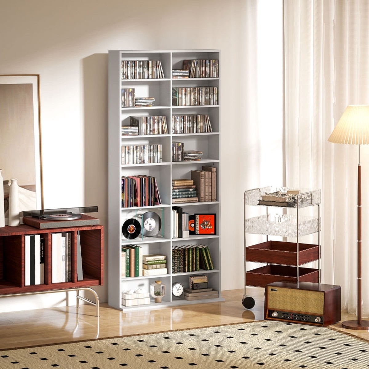 640 CD Storage Tower, 14 Adjustable Shelves Tall Narrow Design, White Engineered Wood