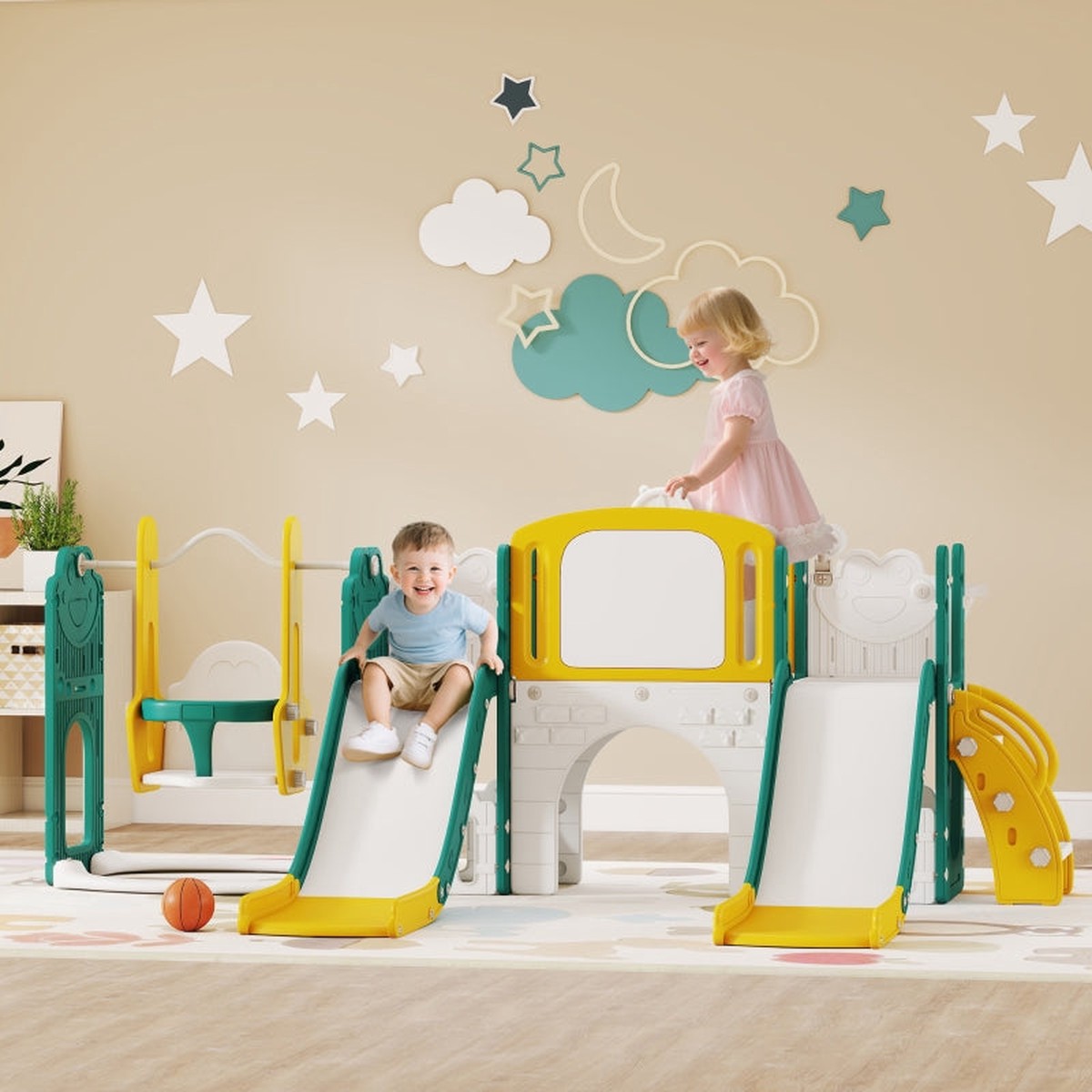 9-in-1 Toddler Slide and Swing Set with Basketball Hoop, Telescope and Drawing Board, Yellow and Green