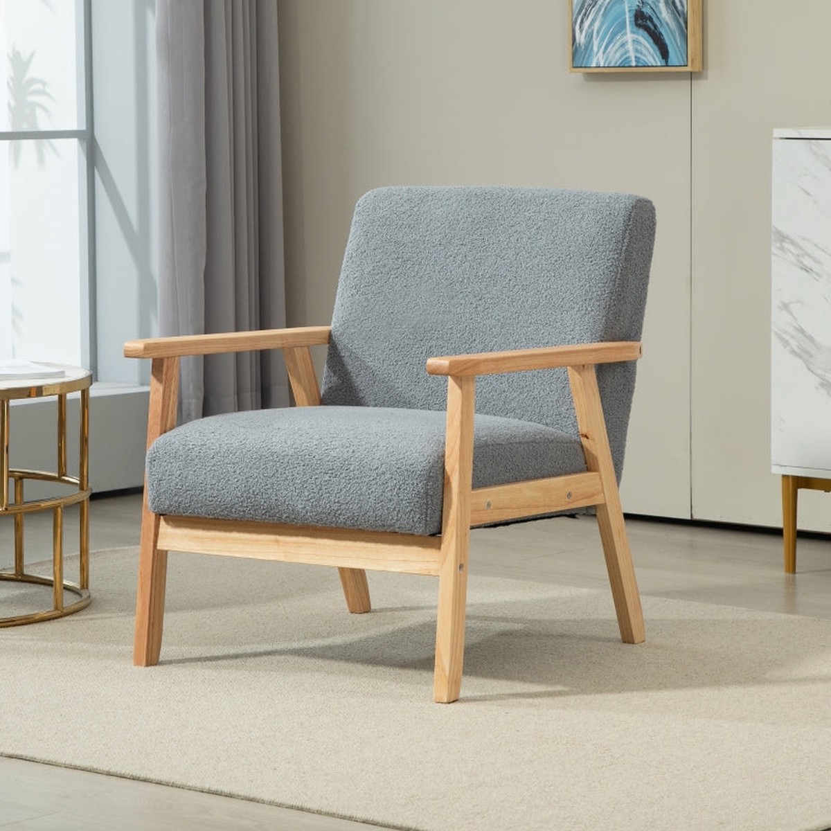 Accent Chair Wood Frame Wide Seat Thick Cushions Grey