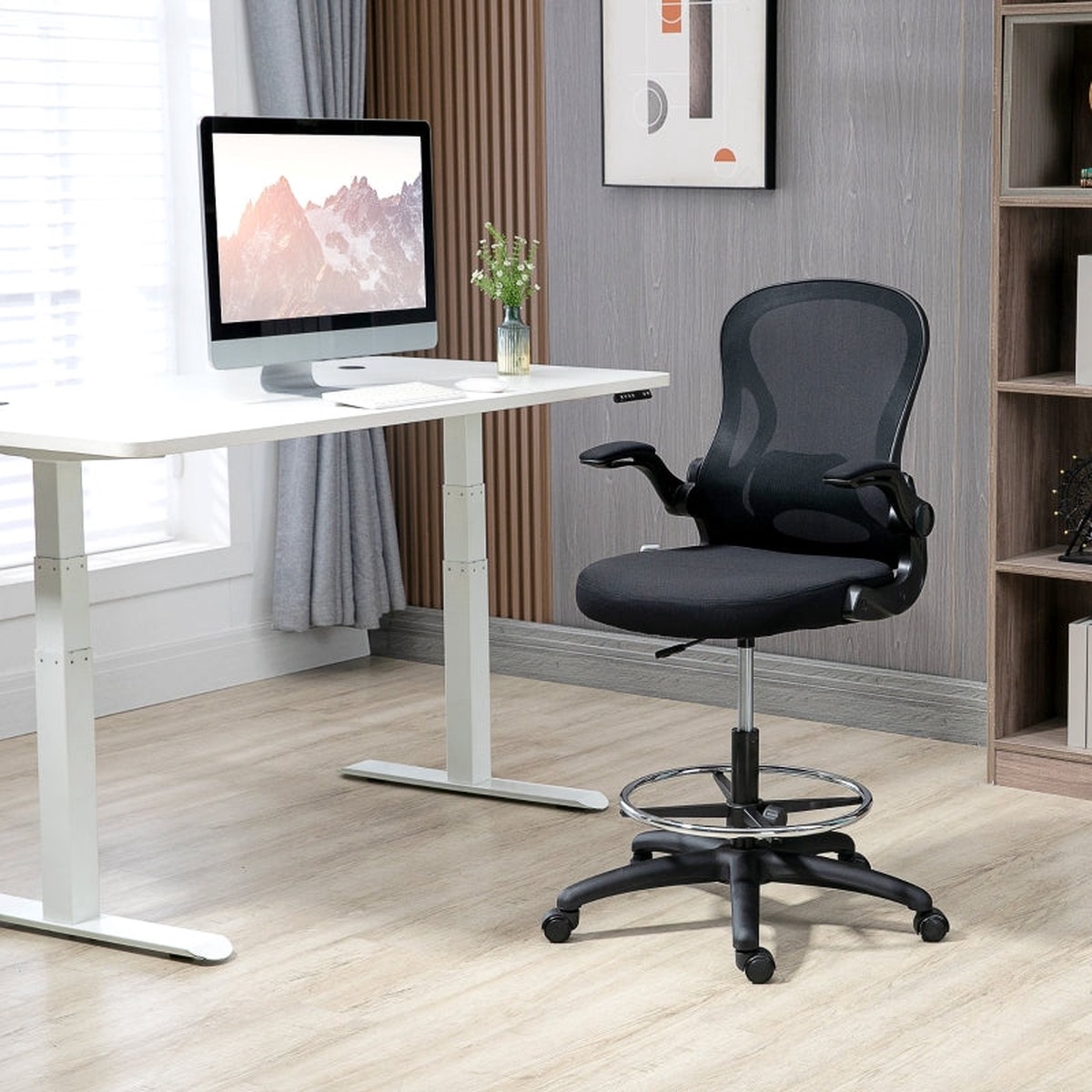 Adjustable Mesh Standing Desk Chair, Flip-up Arms Lumbar Support Footrest Ring, Black