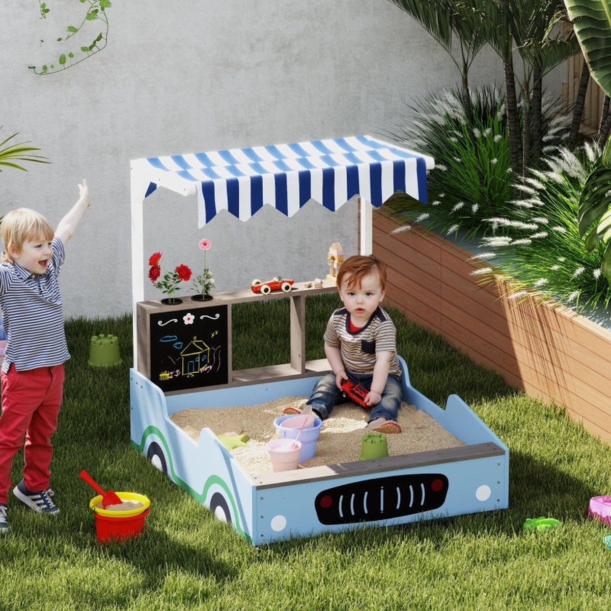 AIYAPLAY Sandpit with canopy, shop design, bench, drawing board, fir wood, blue