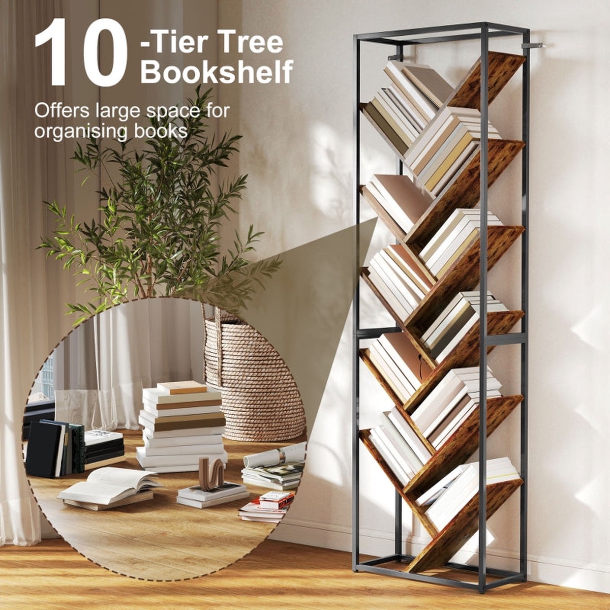 Bookshelf 10 Shelf Industrial Style Black/Brown