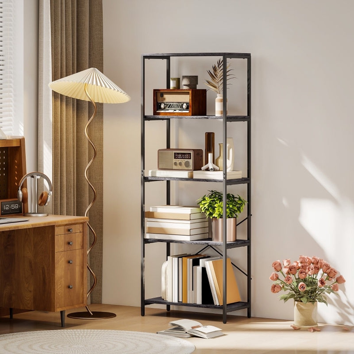 Bookshelf, 5-Tier Industrial Bookcase with Metal Frame, Dark Grey and Black