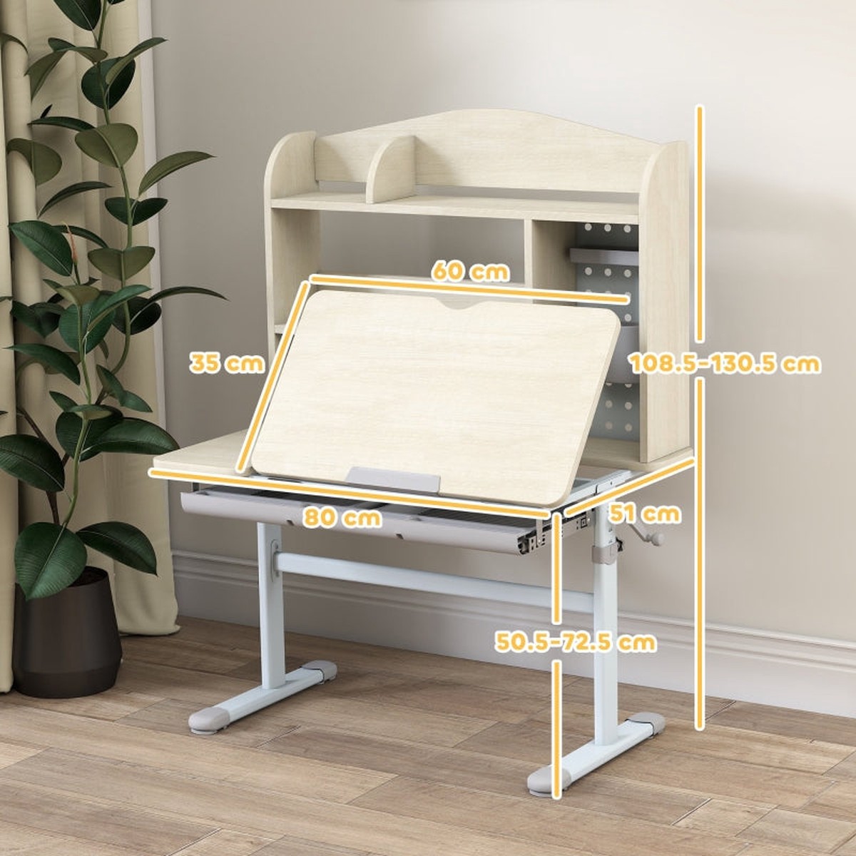 Kids Desk Height Adjustable Tilt-Desktop Hutch Drawer Storage Pegboard Natural Wood