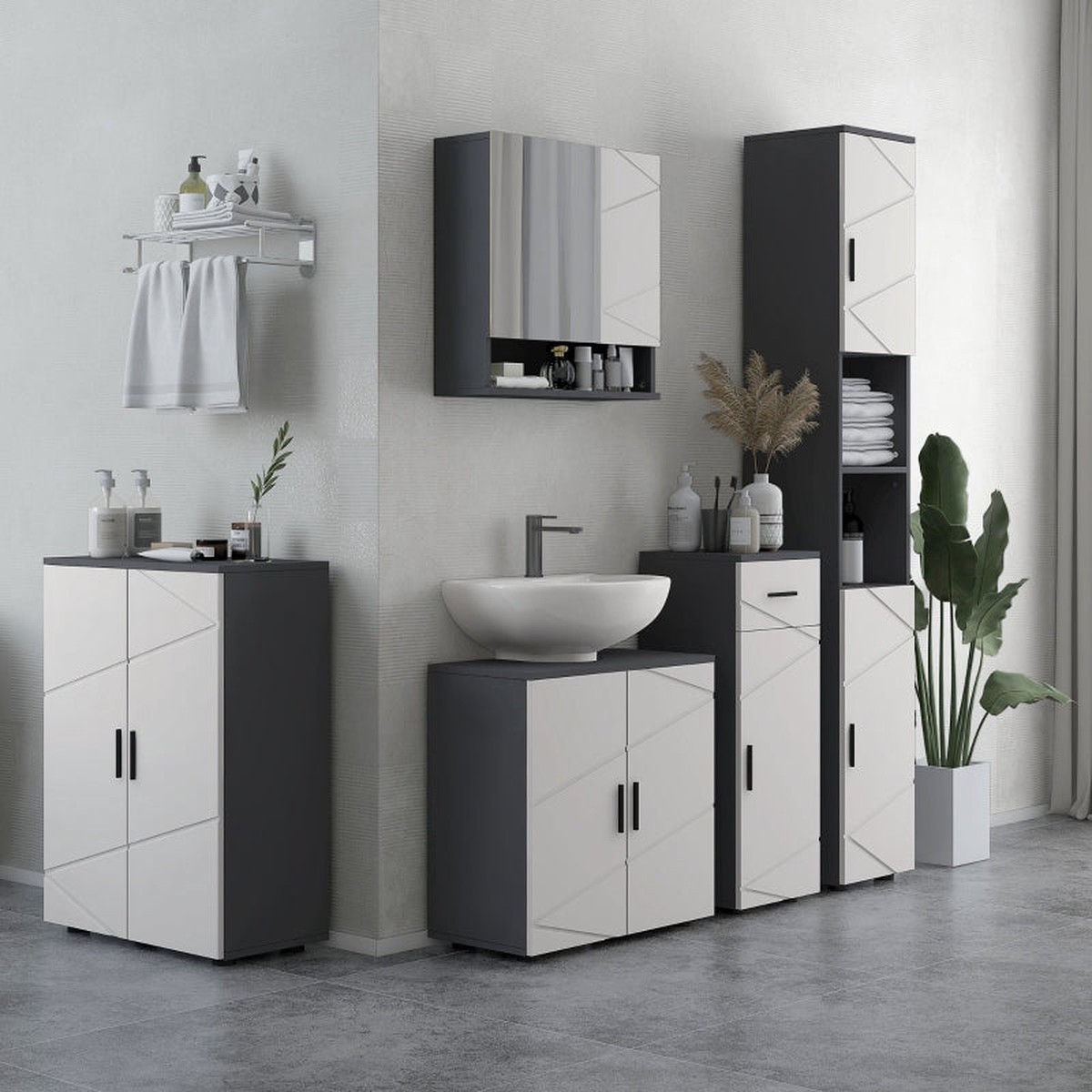 kleankin Bathroom Side Cabinet Double Door Adjustable Shelves Gray