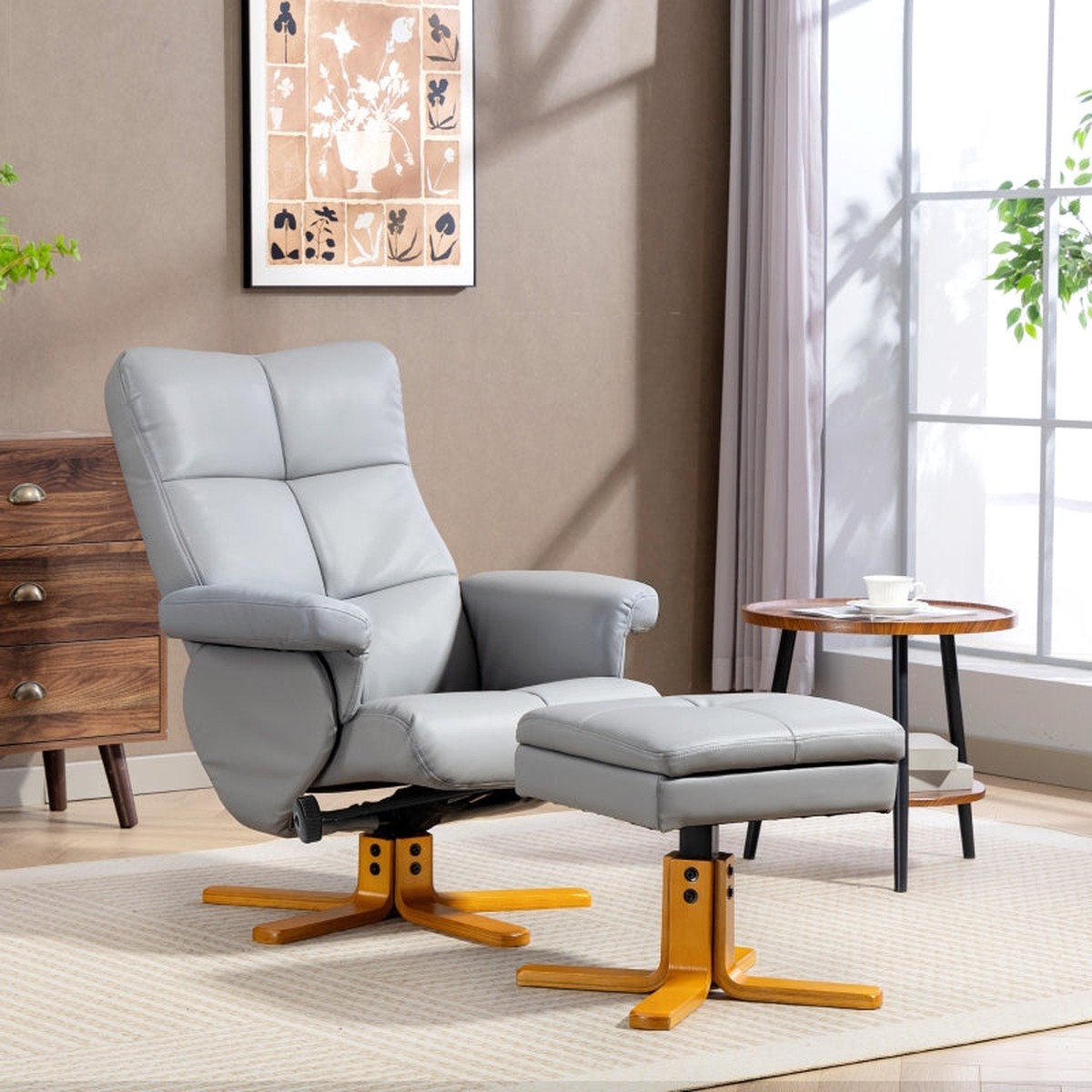 PU Leather Swivel Recliner Chair with Footstool, Wooden Base, and Storage, Light Grey