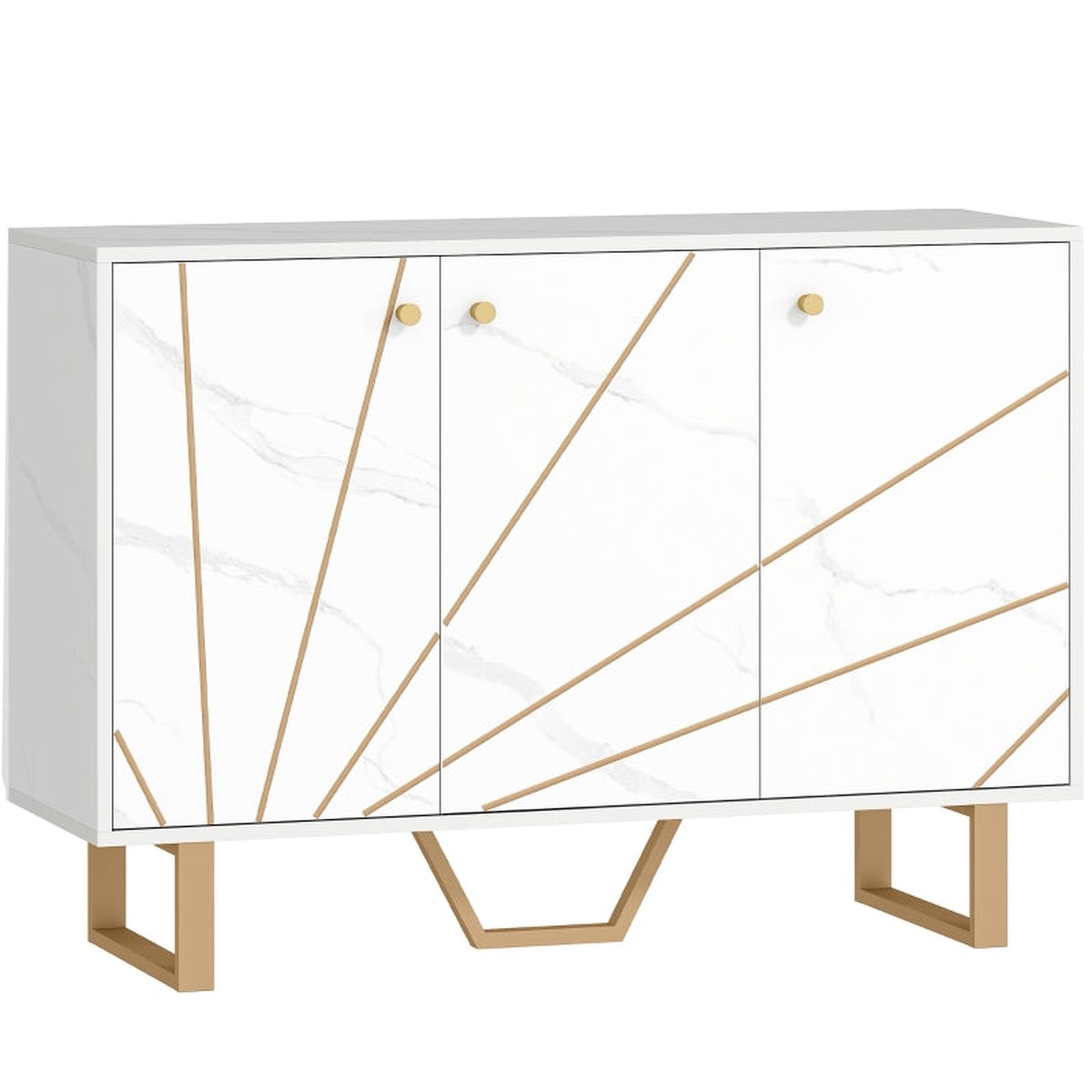 Sideboard Storage Cabinet Cupboard with Adjustable Shelves and Metal Legs, White Marble Tone