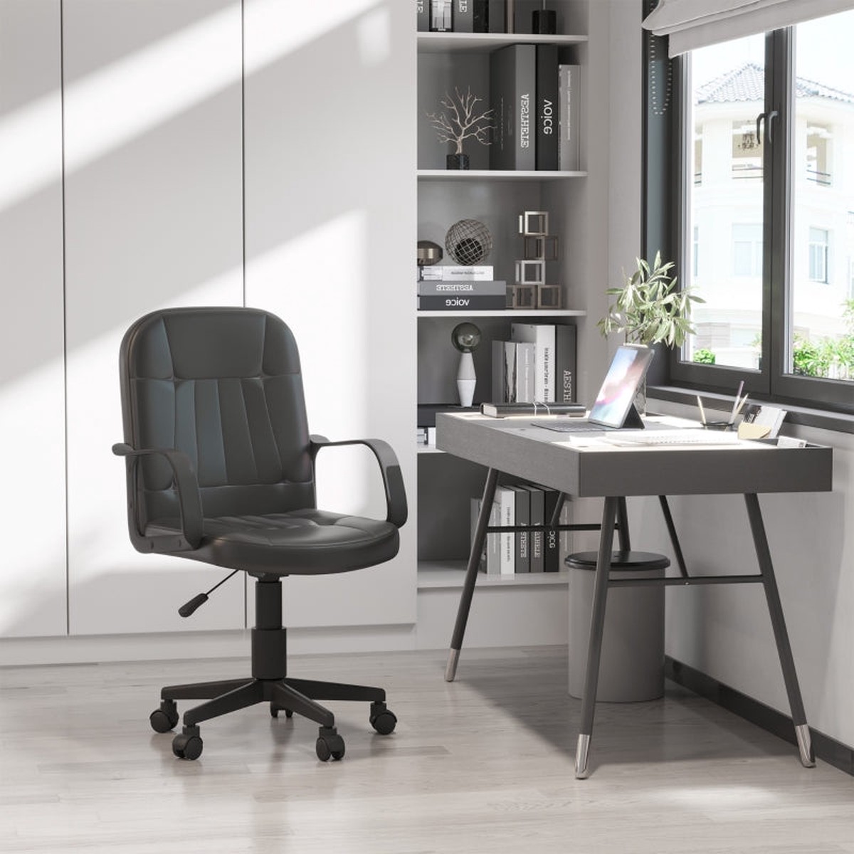 Swivel Executive Office Chair Adjustable Height Wheels PU Leather Black