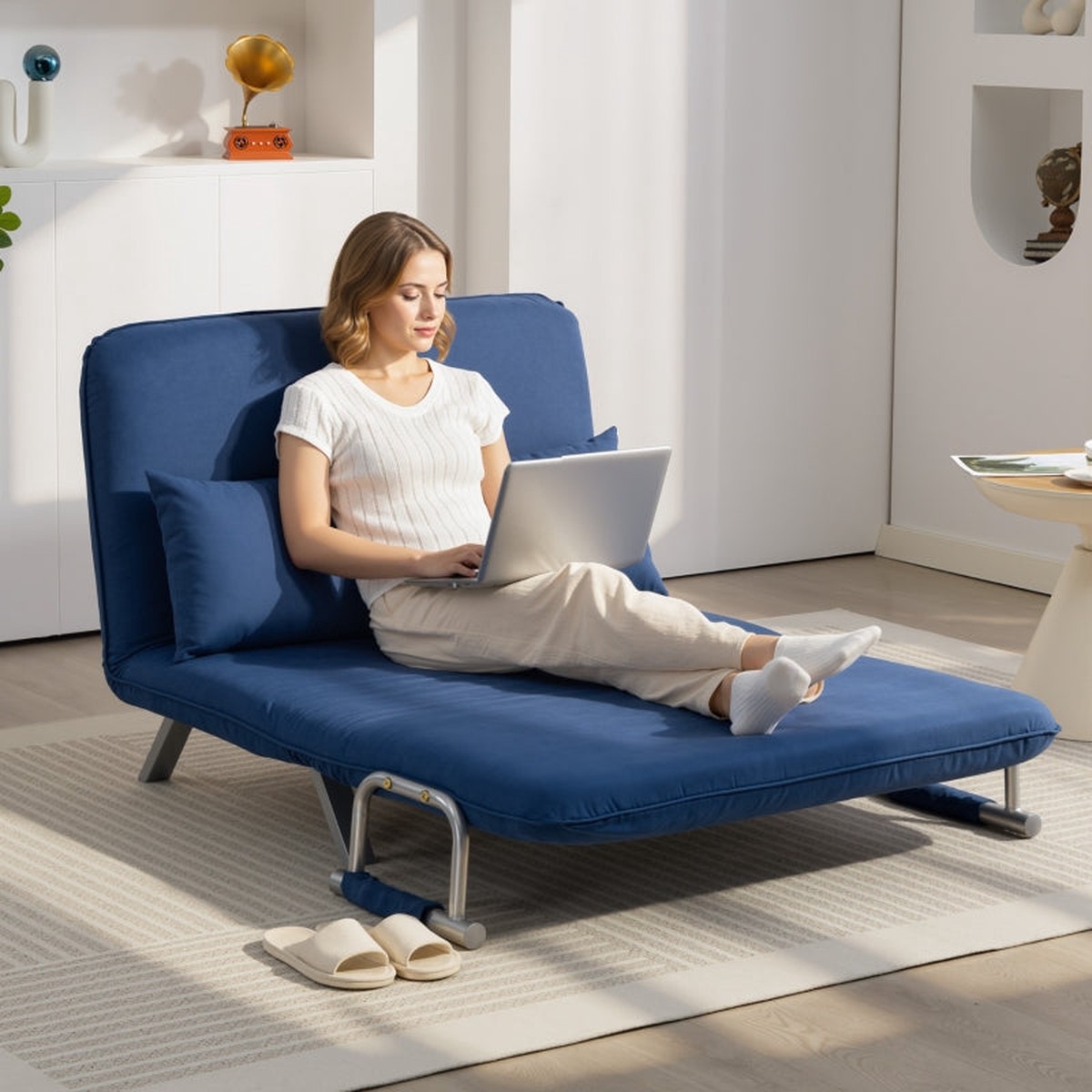 Two-Seater Click-Clack Sofa Bed with Faux Suede Upholstery, Dark Blue