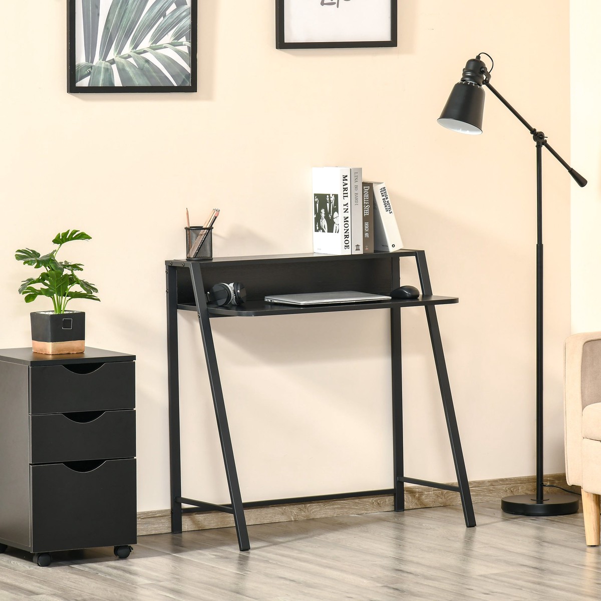 Writing Desk Computer Table with Storage Shelf, Home Office Workstation, Black Engineered Wood