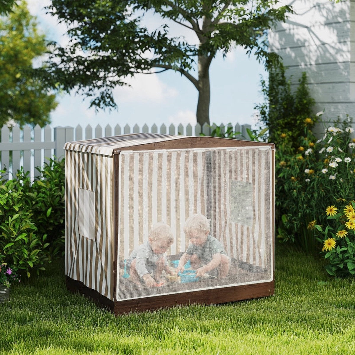 AIYAPLAY Sandpit Sandbox with Canopy Net Door Benches Floor Protection, Brown