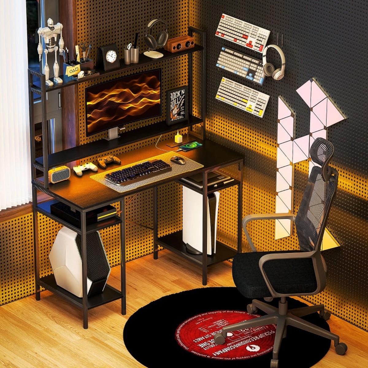 Computer Desk with Power Outlets, LED Lights, Monitor Stand, Storage, Black