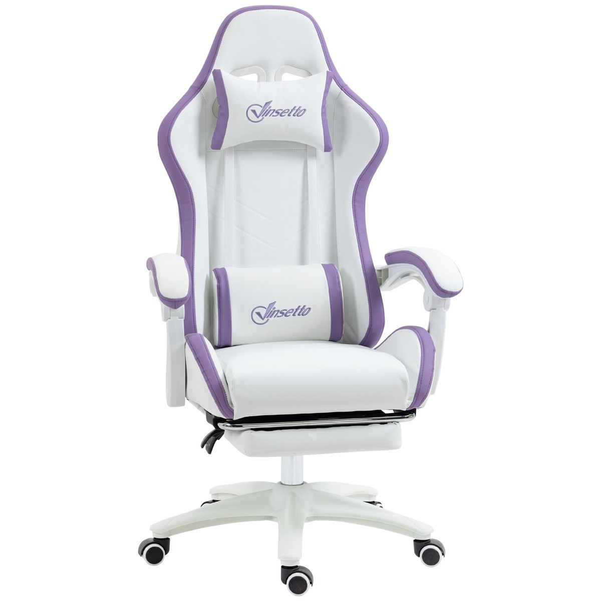 Computer Gaming Chair with Footrest, 135 Reclining Back, Lumbar Support, PU Leather, White and Purple
