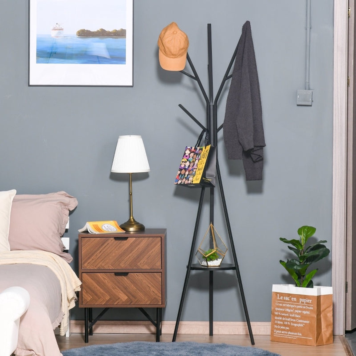 Freestanding Coat Rack Stand, 9 Hooks & Shelf, Metal, Black
