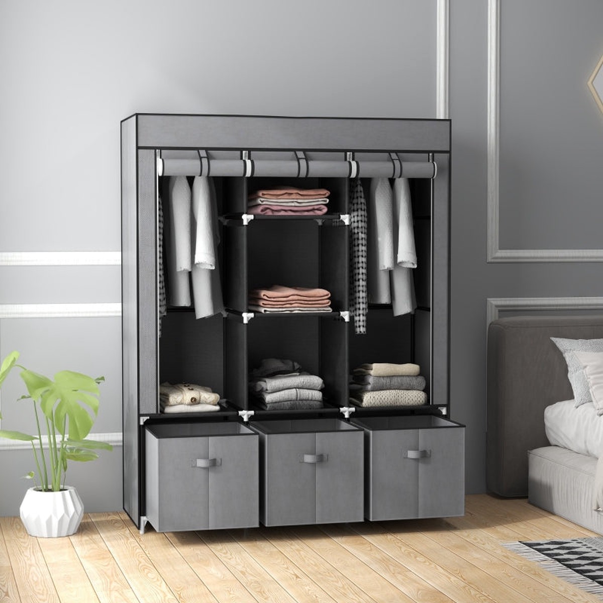 Garderobe Foldable Fabric Wardrobe with Zipper and Shelves, Dark Grey