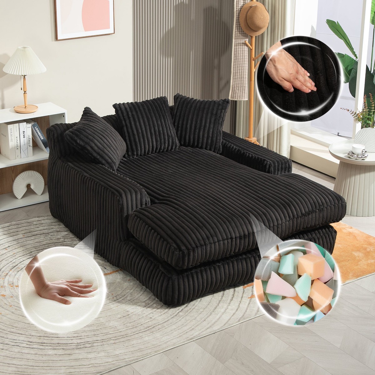 GOMYWAY Chaise Lounge Sofa Sleeper Chair with 3 Throw Pillows, Black Corduroy