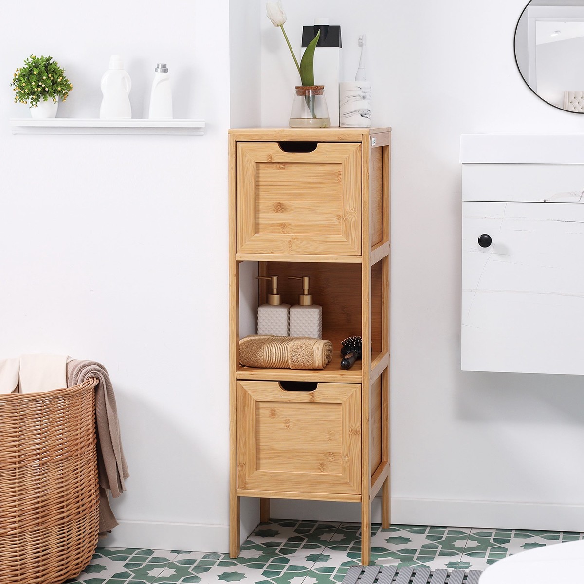 kleankin Bathroom Cabinet, 2 Drawers, Bamboo