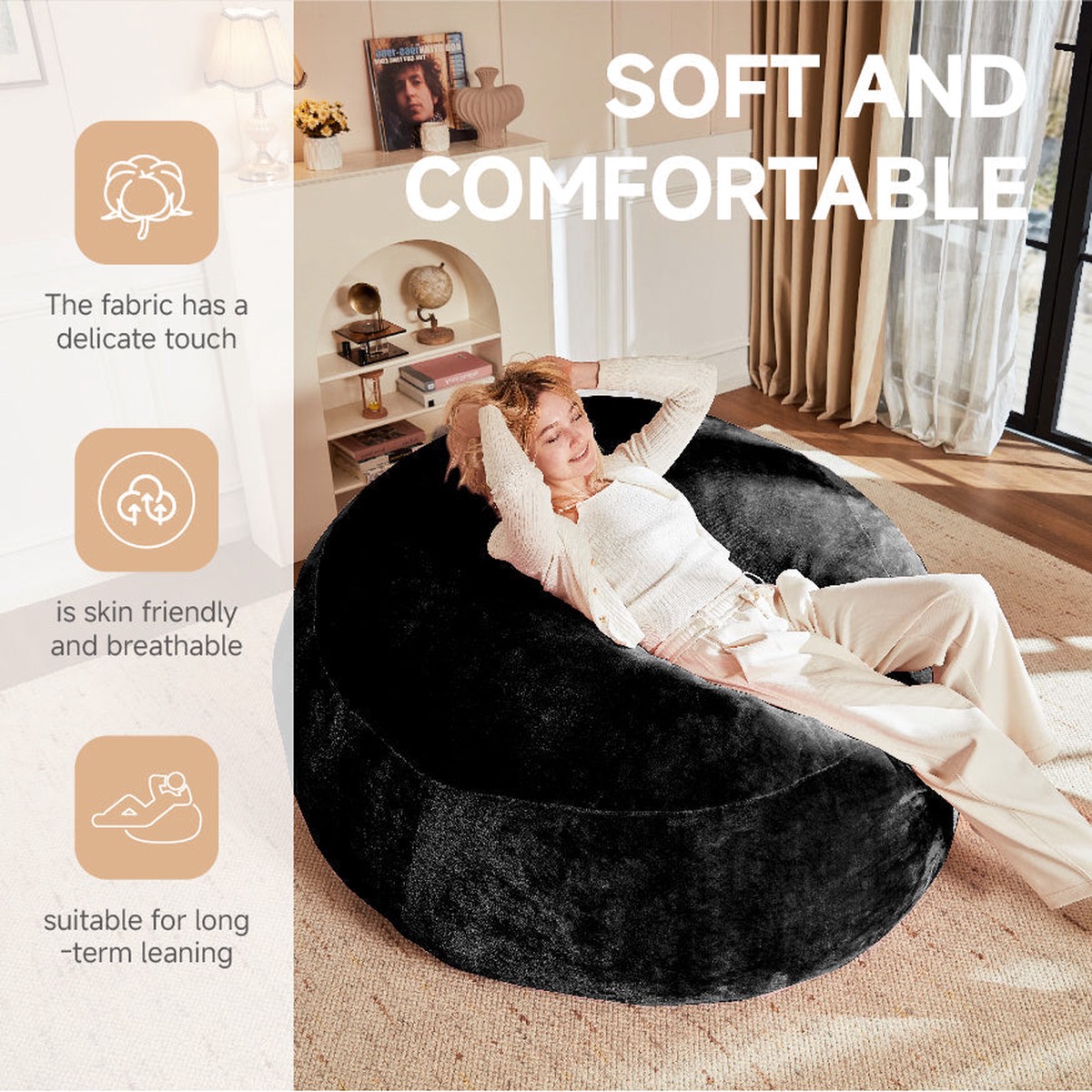 Medium 4-Foot Bean Bag Sofa Chair, Soft Lounger for Adults, Black Flannelette
