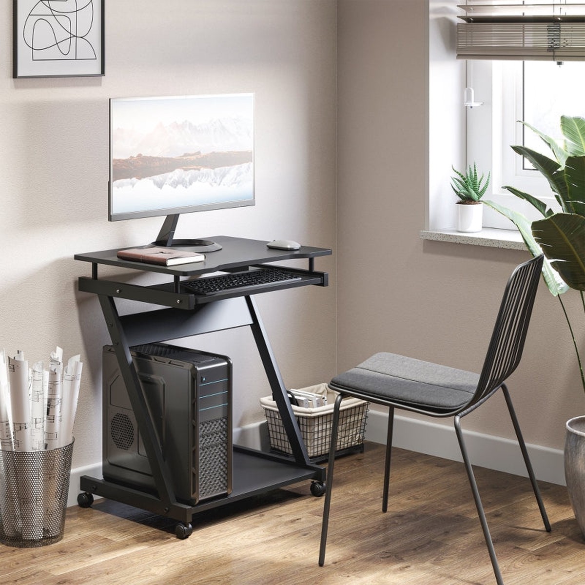 Movable Computer Desk with 4 Wheels and Sliding Keyboard Tray, Black