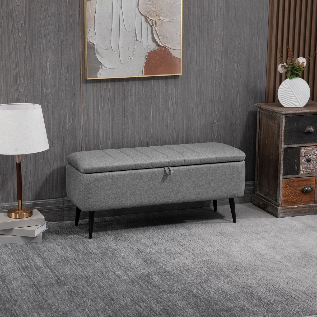 Storage Ottoman Flip Top Rectangular Upholstered Bench Steel Legs Grey