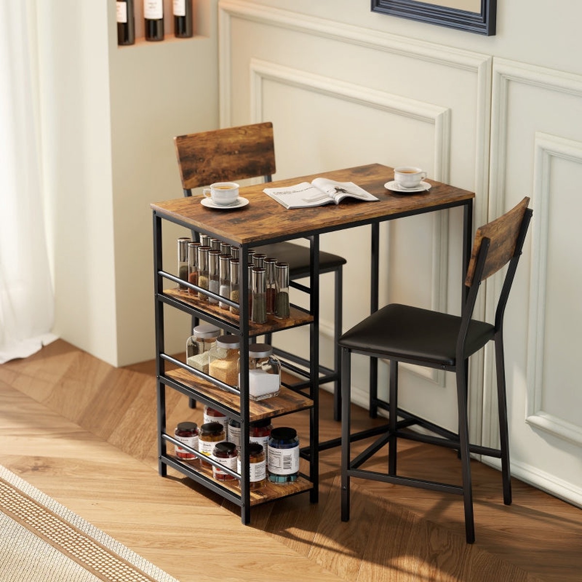 Three-Piece Compact Bar Table Set with Shelves and Upholstered Stools, Brown/Black