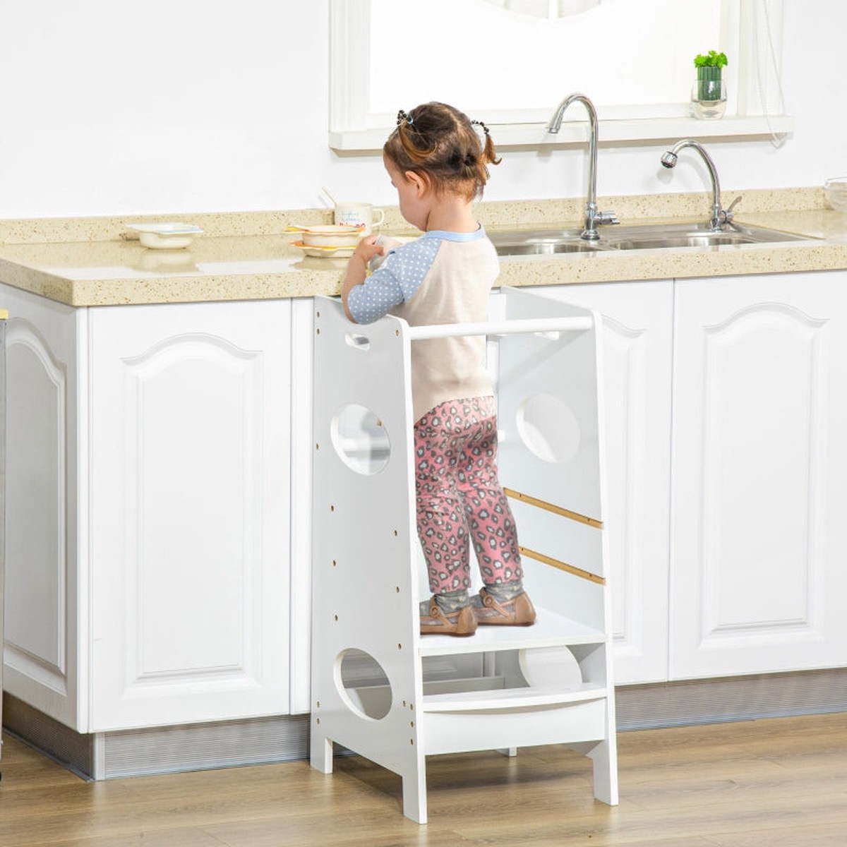 Toddler Step Stool Adjustable Standing Tower with Safety Rail, White MDF