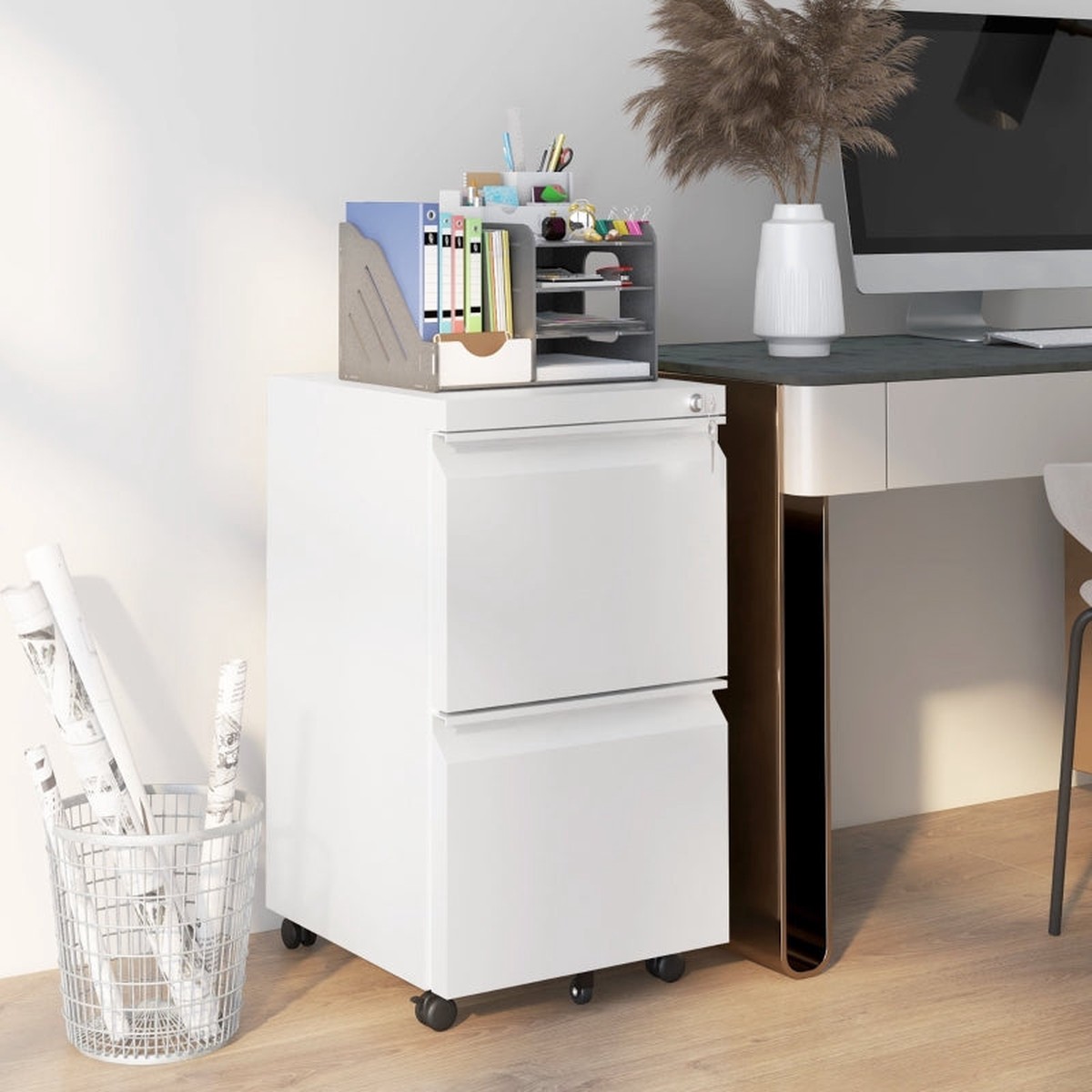 2-Drawer Mobile Filing Cabinet Lockable for Letter A4 Legal Size, Steel White