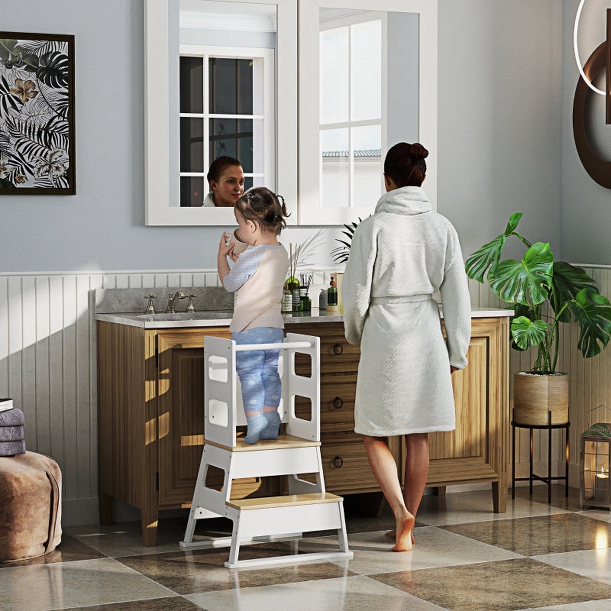 2-in-1 Toddler Tower Chalkboard Safety Rail White