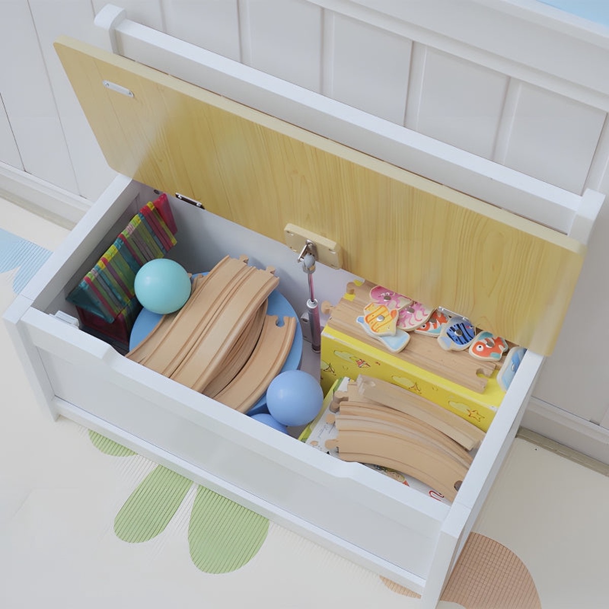 2 In 1 Wooden Toy Box Seat Storage Bench with Safety Pneumatic Rod, White Engineered Wood