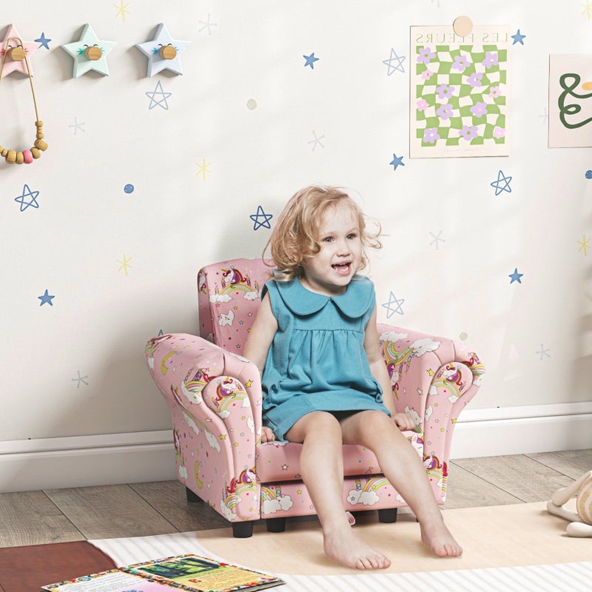 2 Piece Kids Sofa Set Unicorn Design Wooden Frame Pink