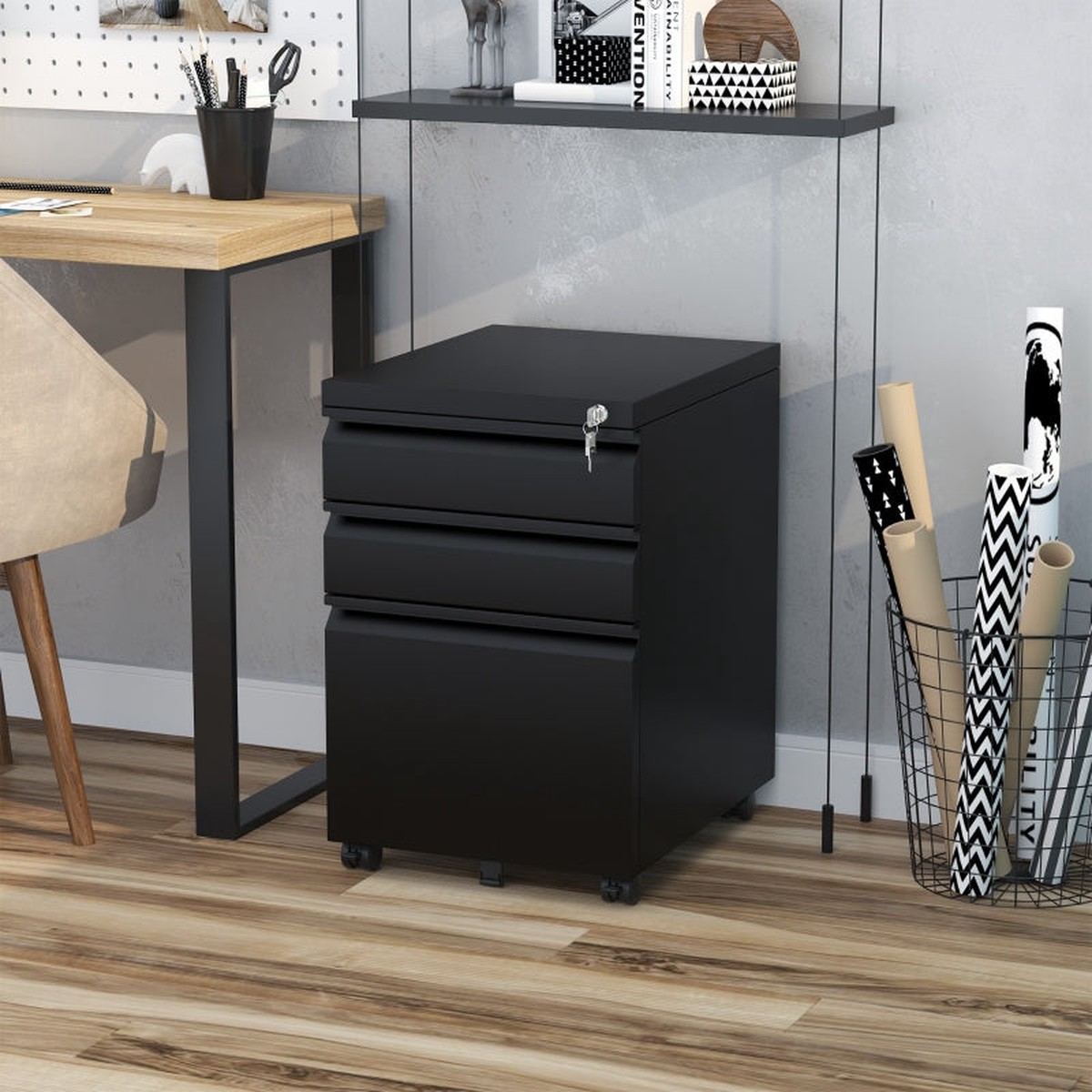 3 Drawer Filing Cabinet Mobile Anti-tilt for A4 Legal Letter Metal Black